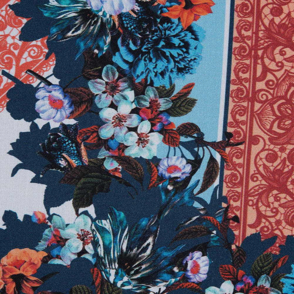 Organic Viscose Batiste Panel - Mandarin and Baby Blue Floral Detail