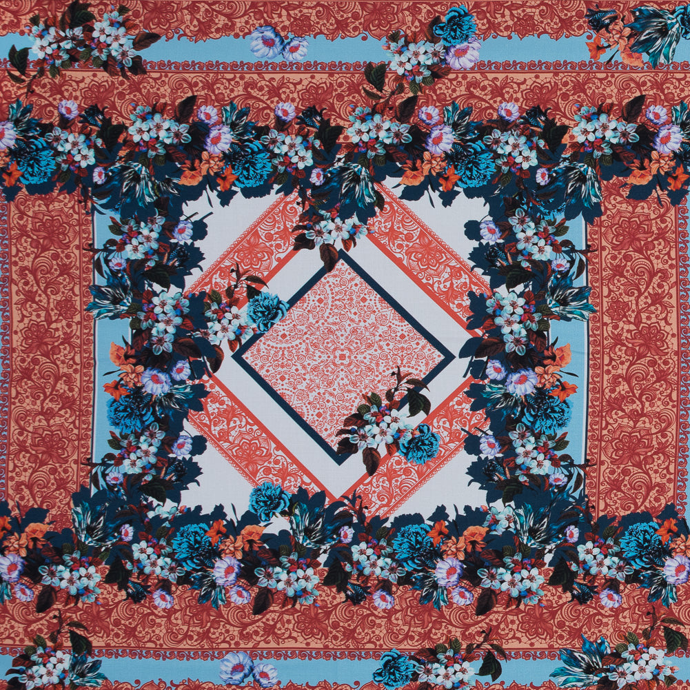 Organic Viscose Batiste Panel - Mandarin and Baby Blue Floral