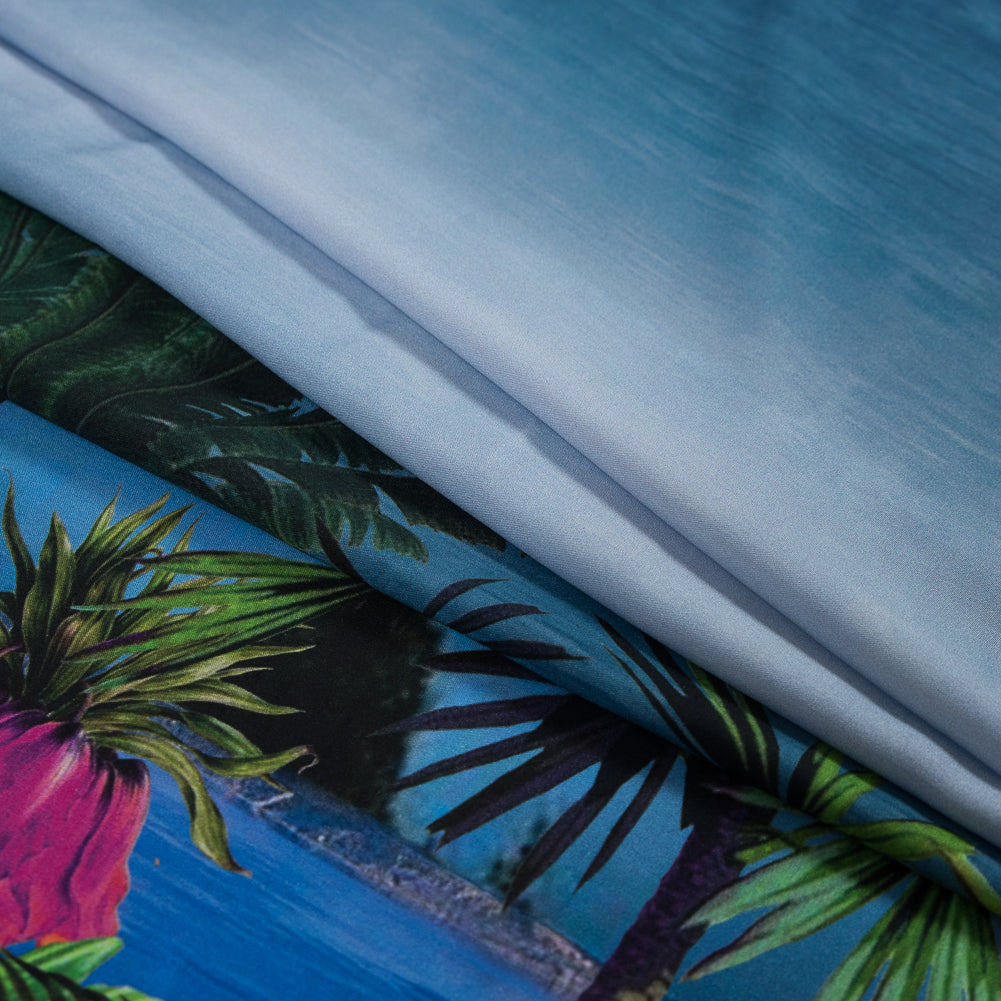 Organic Viscose Batiste - Blue and Green Tropical Border Print Detail
