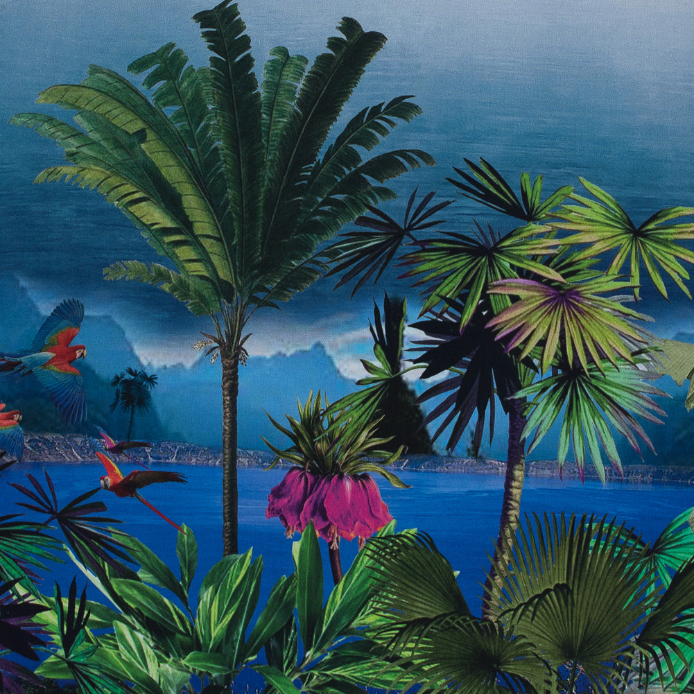 Organic Viscose Batiste - Blue and Green Tropical Border Print