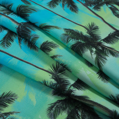 Organic Viscose Batiste - Green and Blue Palm Trees Detail