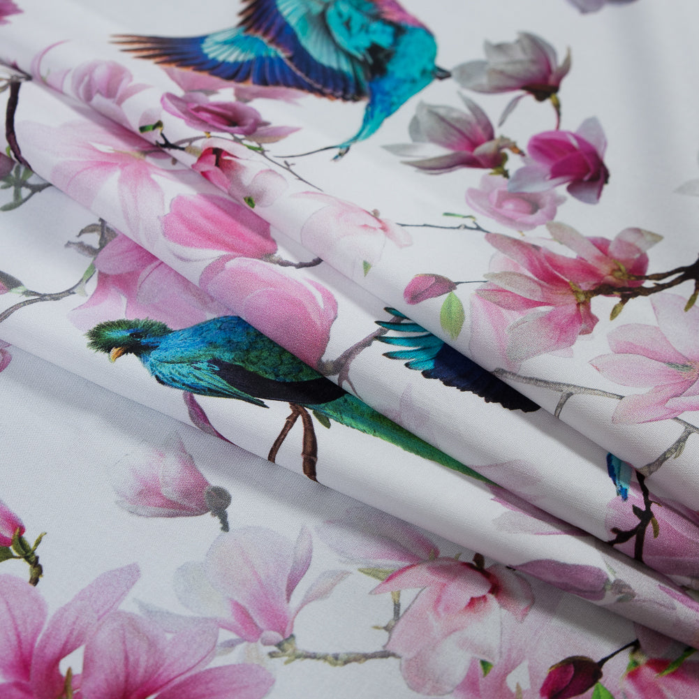 Organic Viscose Batiste - Pink and Blue Flowers and Birds Detail