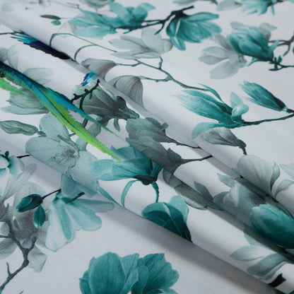 Organic Viscose Batiste - Blue and White Flowers and Birds Detail