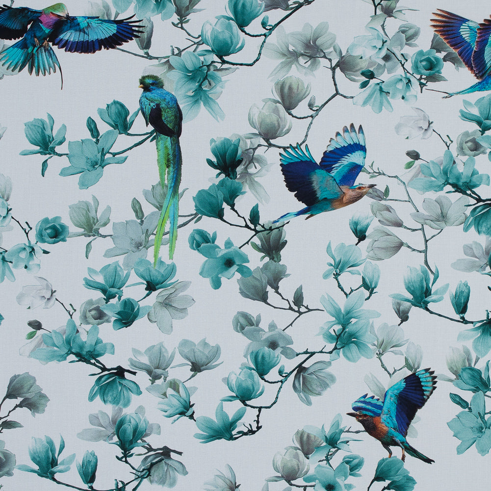 Organic Viscose Batiste - Blue and White Flowers and Birds
