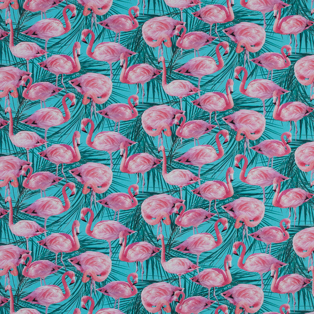 Organic Viscose Batiste - Pink and Blue Flamingos and Palm Leaves
