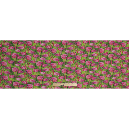 Organic Viscose Batiste - Pink and Green Flamingos and Palm Leaves Folded