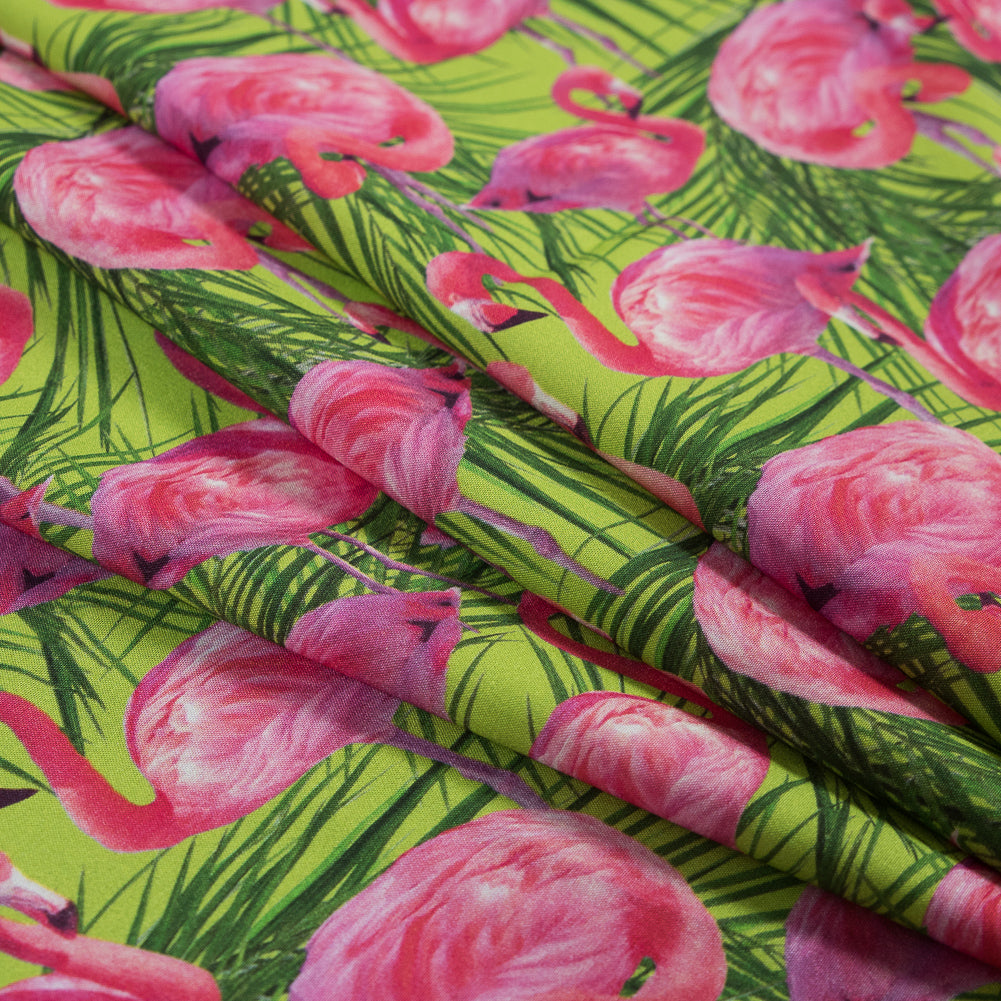 Organic Viscose Batiste - Pink and Green Flamingos and Palm Leaves Detail