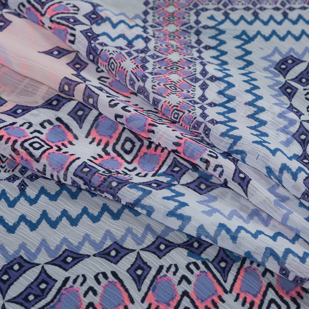Purple, Florescent Pink and White Printed Crinkled Chiffon Folded