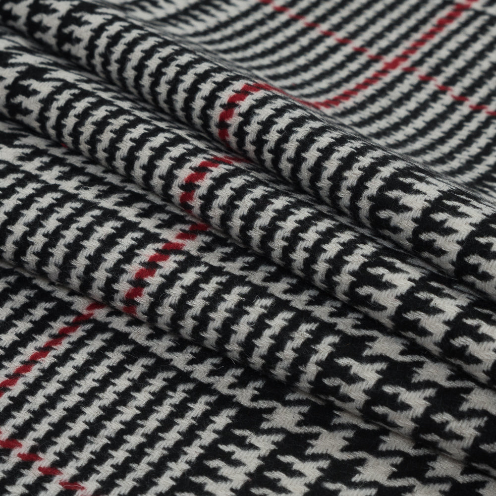 Black, White and Red Houndstooth Plaid Wool Coating Folded