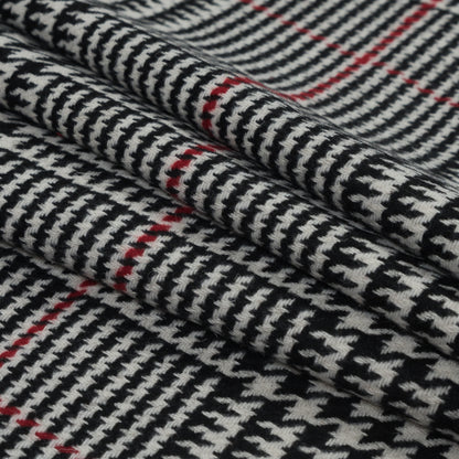 Black, White and Red Houndstooth Plaid Wool Coating Folded