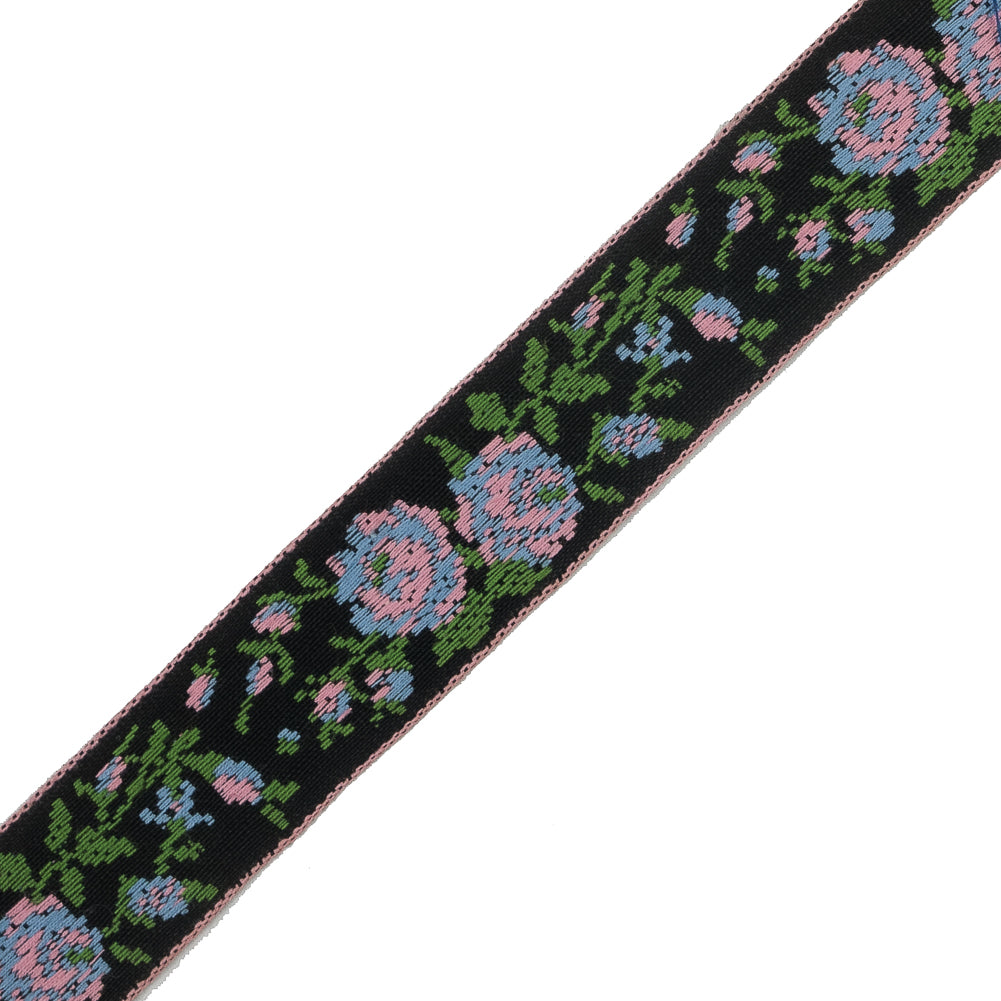 Black and Pink Floral German Jacquard Ribbon - 0.875" Detail
