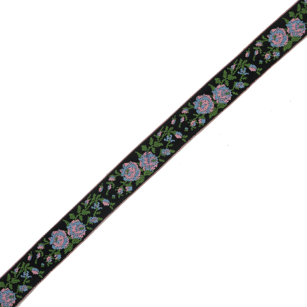 Black and Pink Floral German Jacquard Ribbon - 0.875"