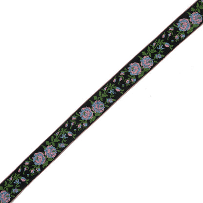 Black and Pink Floral German Jacquard Ribbon - 0.875"