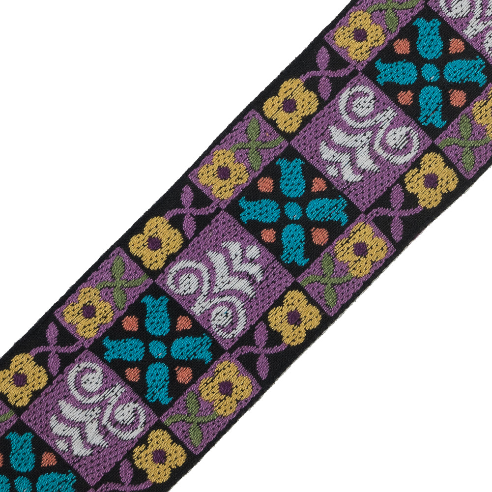 Black, Purple and Yellow Floral Geometric Jacquard Ribbon - 2" Detail