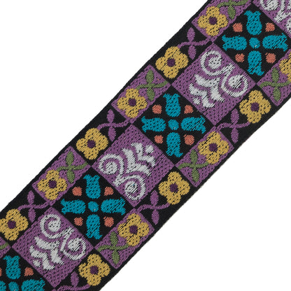 Black, Purple and Yellow Floral Geometric Jacquard Ribbon - 2" Detail