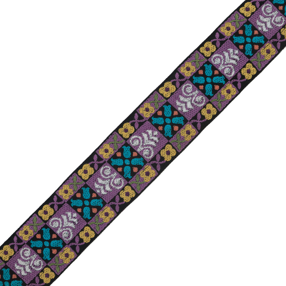 Black, Purple and Yellow Floral Geometric Jacquard Ribbon - 2"