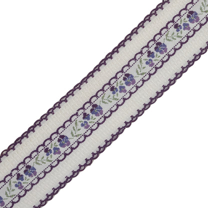Purple and White Floral Woven Jacquard Ribbon - 1.5" Detail
