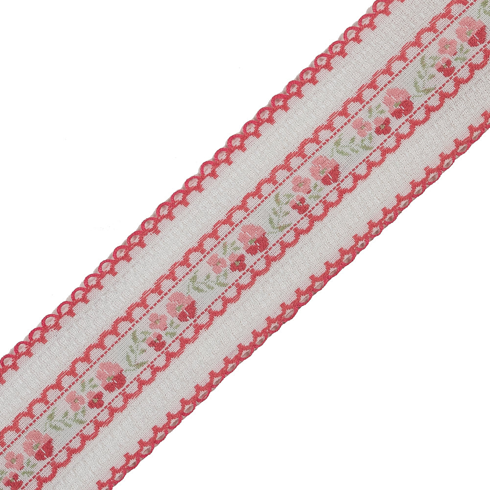 Pink and White Floral Woven Jacquard Ribbon - 1.5" Detail