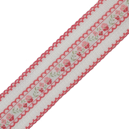 Pink and White Floral Woven Jacquard Ribbon - 1.5" Detail