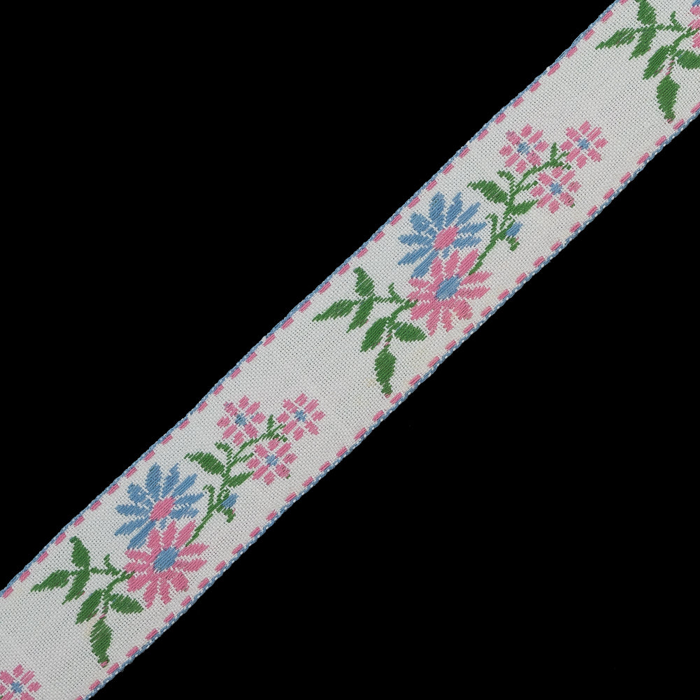Pink and Blue Floral German Jacquard Ribbon - 0.875" Detail