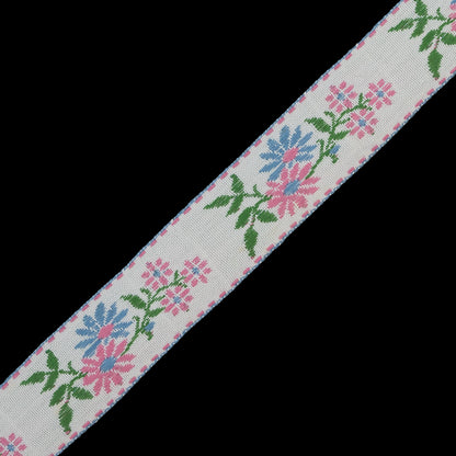 Pink and Blue Floral German Jacquard Ribbon - 0.875" Detail