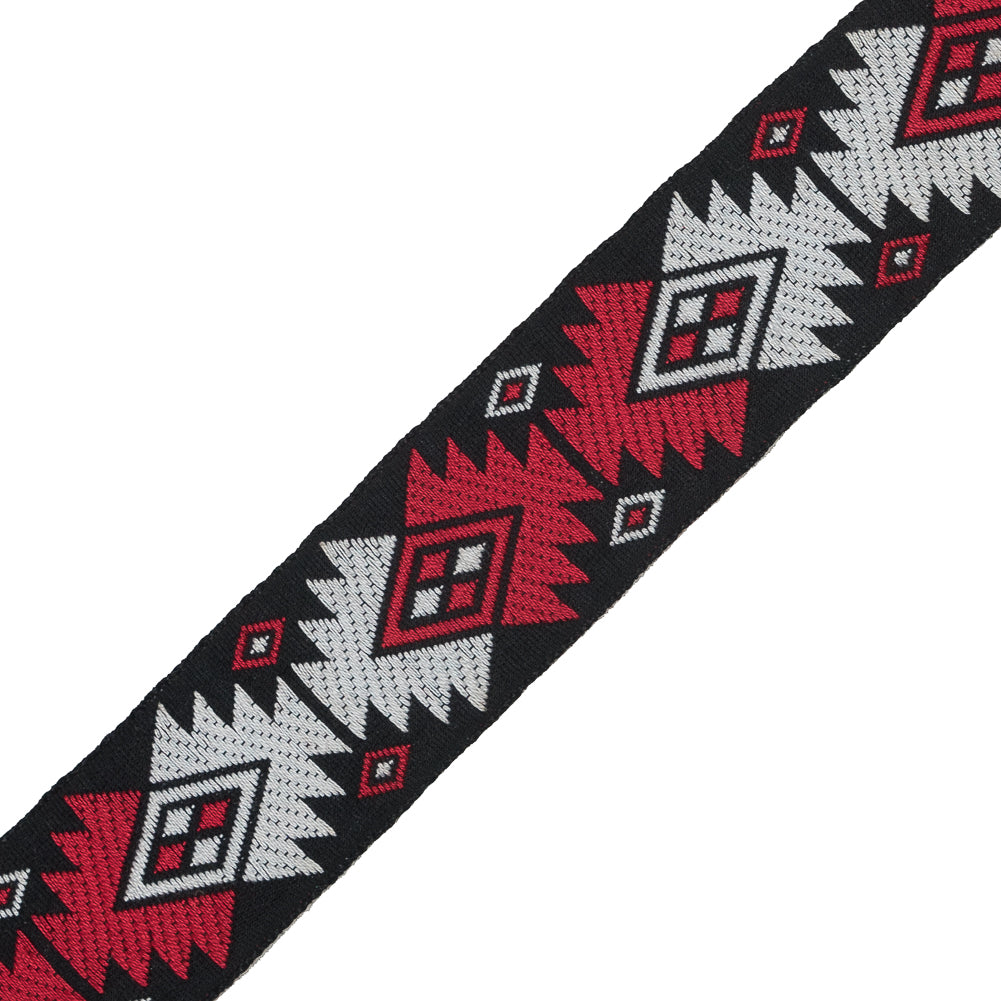 Black, Red and White Geometric German Jacquard Ribbon - 1" Detail