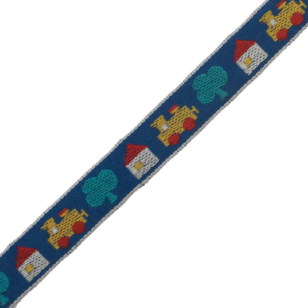 Blue and Yellow Train, House and Tree German Jacquard Ribbon - 0.625" Detail