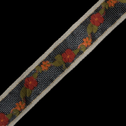 Red and Orange Flowers Embroidered on Clear Tulle Trim - 1" Detail