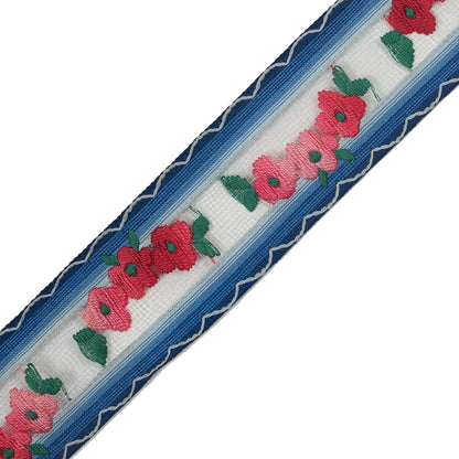 Pink Flowers Embroidered on Blue Lined Tulle Trimming - 1.5" Detail
