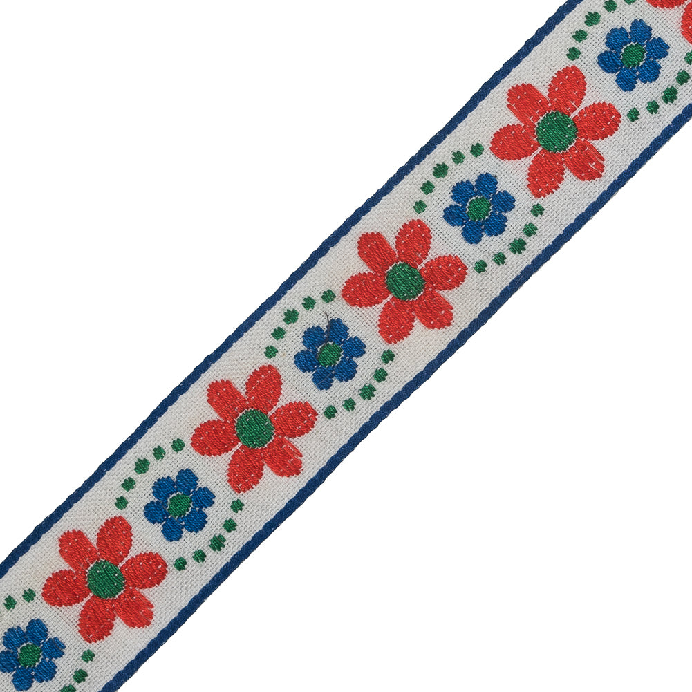 Red Orange, Blue and Green Floral German Jacquard Ribbon - 1.25" Detail