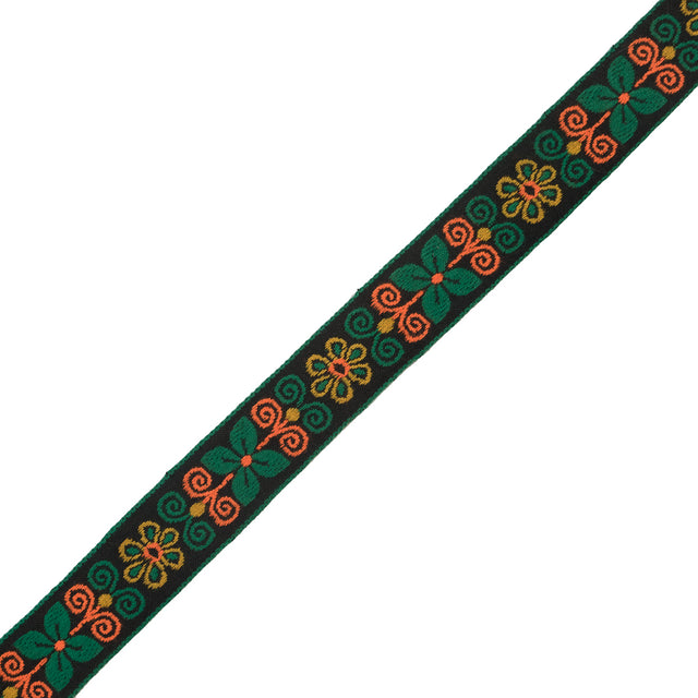 Green and Neon Orange Floral German Jacquard Ribbon - 1"