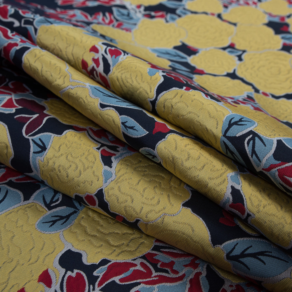 Navy, Yellow and Red Large-Scale Floral Jacquard Panel Folded