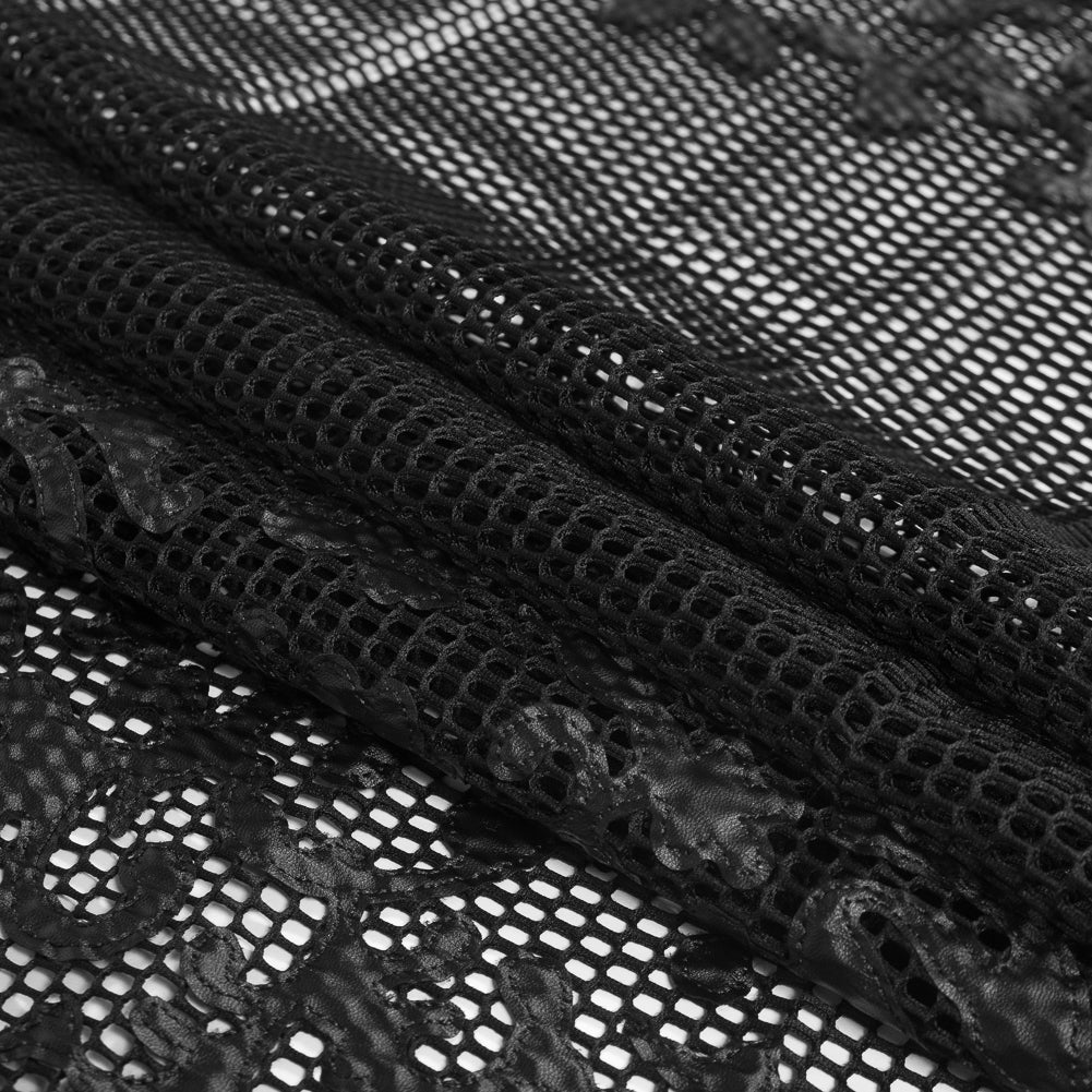 Wonder Mesh with Floral Faux Leather Embroidered Borders - Black Folded