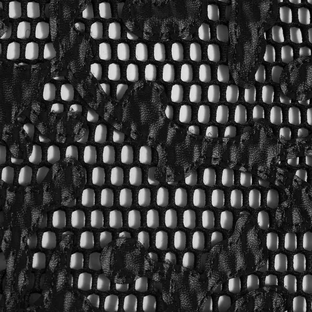 Wonder Mesh with Floral Faux Leather Embroidered Borders - Black Detail