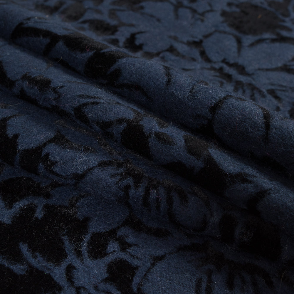 Bonded Wool Knit and Velour with Flocked Floral Design - Black and Navy Blue - Designer Deadstock Folded
