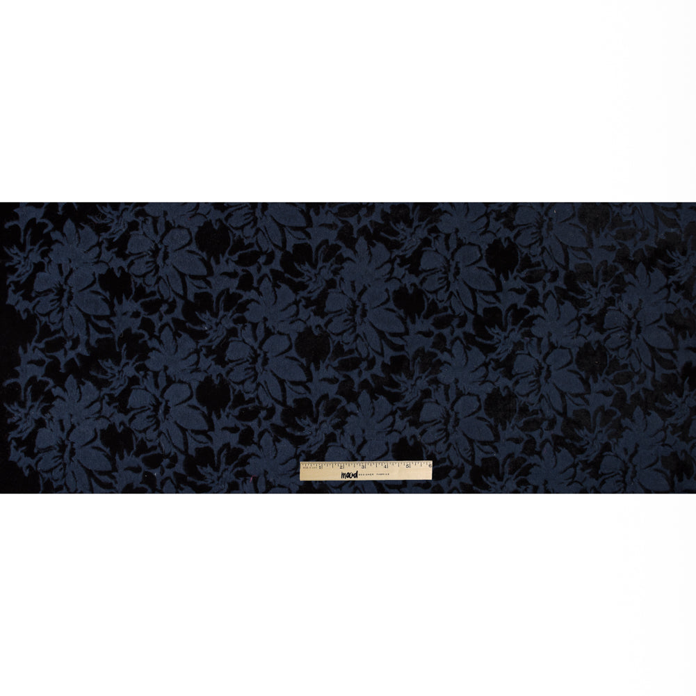 Bonded Wool Knit and Velour with Flocked Floral Design - Black and Navy Blue - Designer Deadstock Full