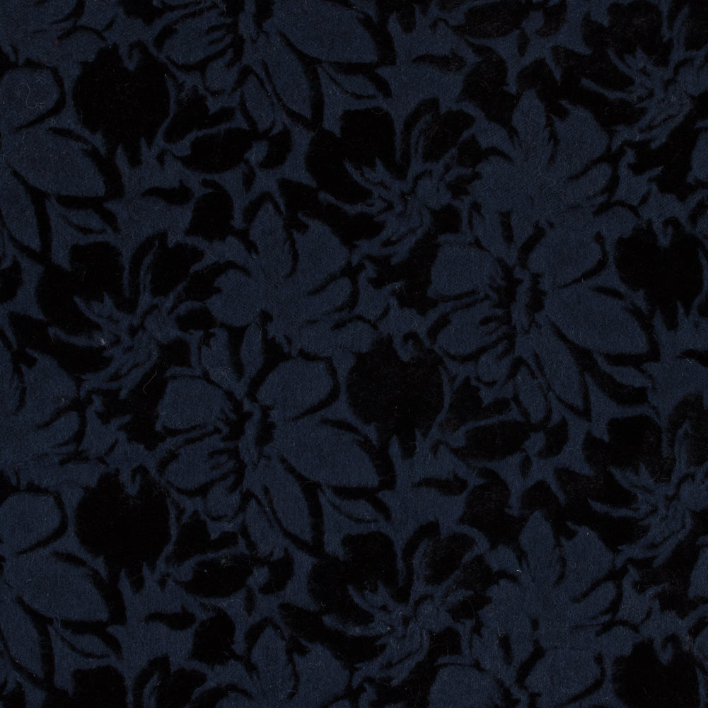 Bonded Wool Knit and Velour with Flocked Floral Design - Black and Navy Blue - Designer Deadstock