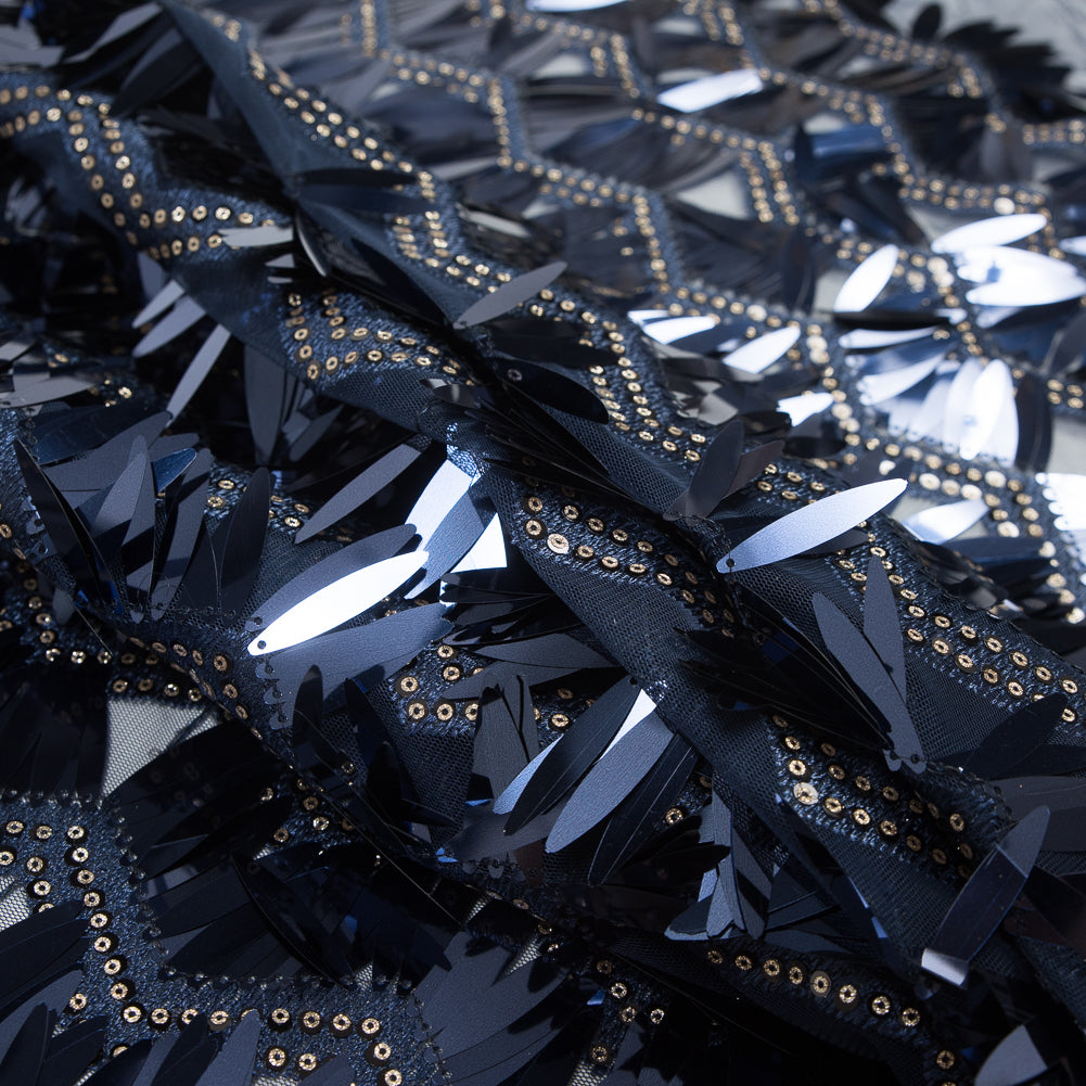 Fringe Sequin Fabric - Navy Chevrons Detail