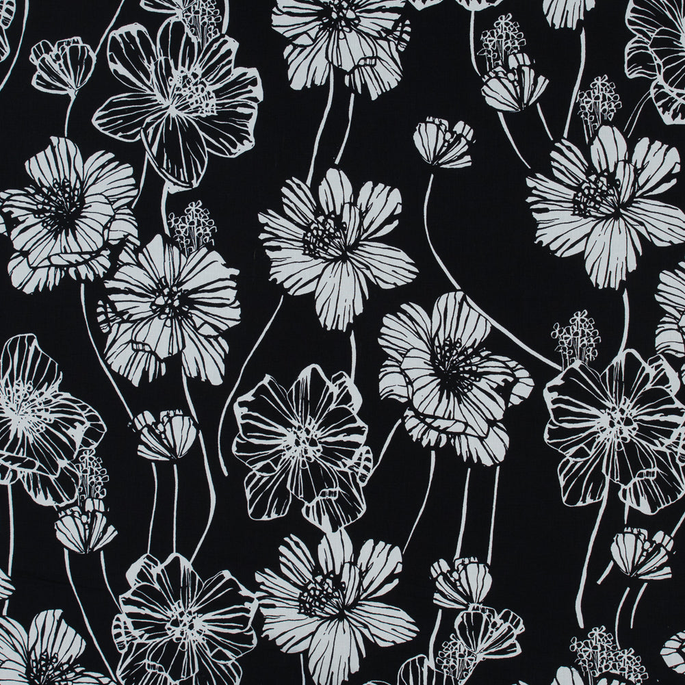 Black and White Large Floral Stretch Cotton Poplin