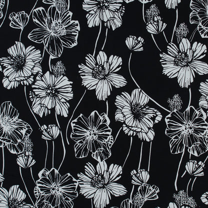 Black and White Large Floral Stretch Cotton Poplin