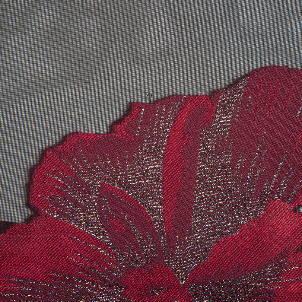 Red, Black and Metallic Silver Floral Organza Jacquard Detail