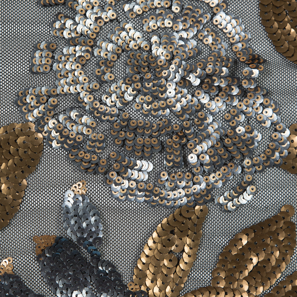 Mesh with Sequin Flowers - Gold and Gray on Black Full