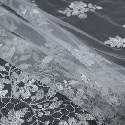 Silver on White Floral Corded Bridal Lace Detail