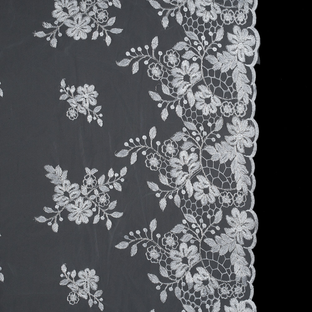 Silver on White Floral Corded Bridal Lace