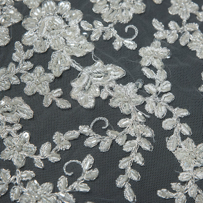 White and Silver Beaded Floral Bridal Lace with Scalloped Edges Detail