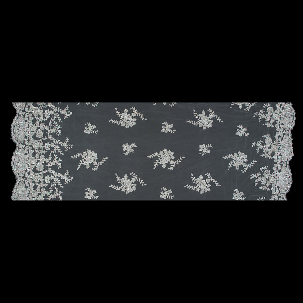 White and Silver Beaded Floral Bridal Lace with Scalloped Edges Full