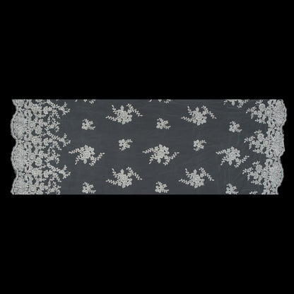 White and Silver Beaded Floral Bridal Lace with Scalloped Edges Full