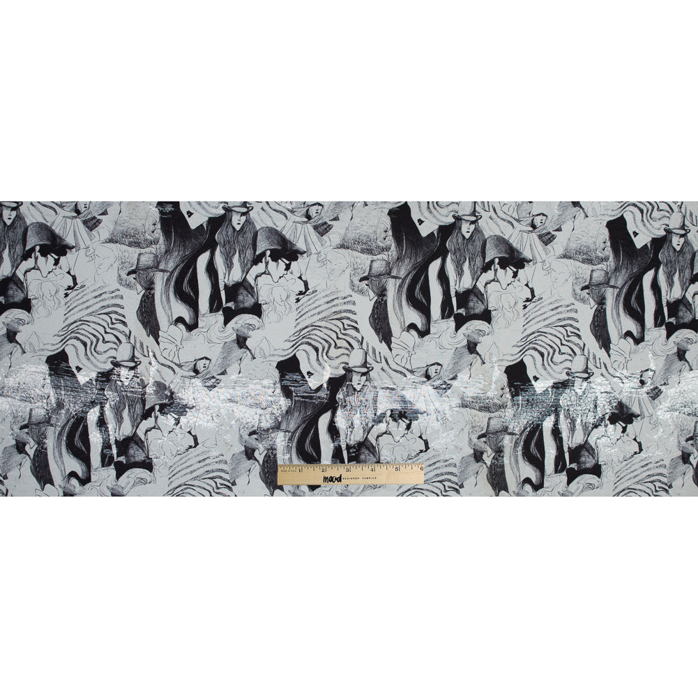 Metallic Silver Abstract Jacquard with Black and White Fashion Sketch Print Folded
