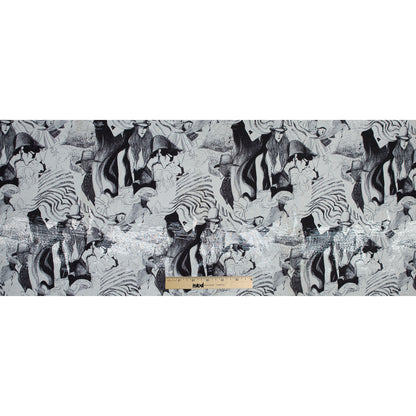 Metallic Silver Abstract Jacquard with Black and White Fashion Sketch Print Folded