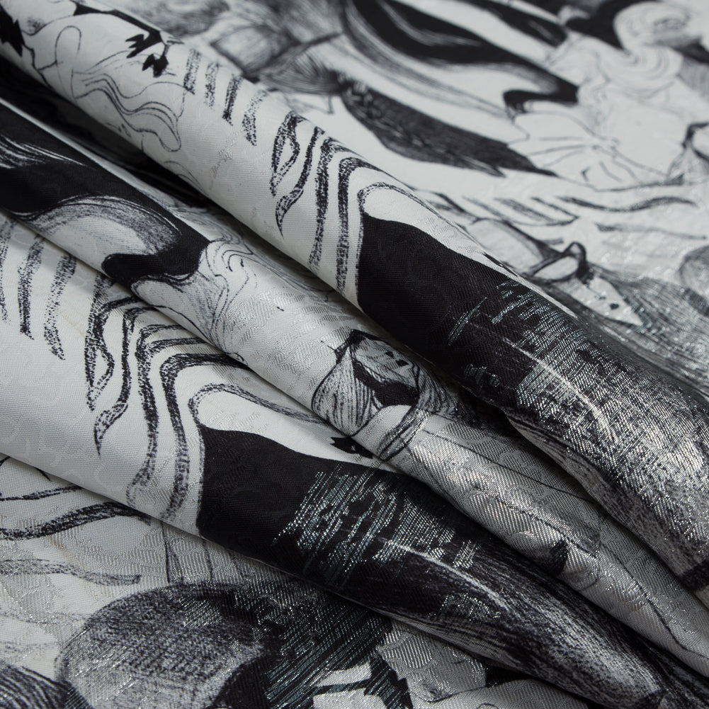 Metallic Silver Abstract Jacquard with Black and White Fashion Sketch Print Detail